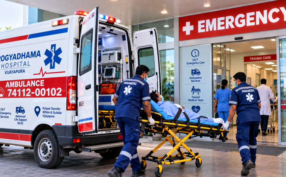 Ambulance Services: Paramedics moving a patient from an Arogyadhama Hospital ambulance towards the emergency entrance