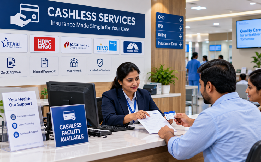 Cashless Treatment hospital In Vijayapura: Hospital insurance desk staff reviewing cashless hospitalisation paperwork with a patient and companion