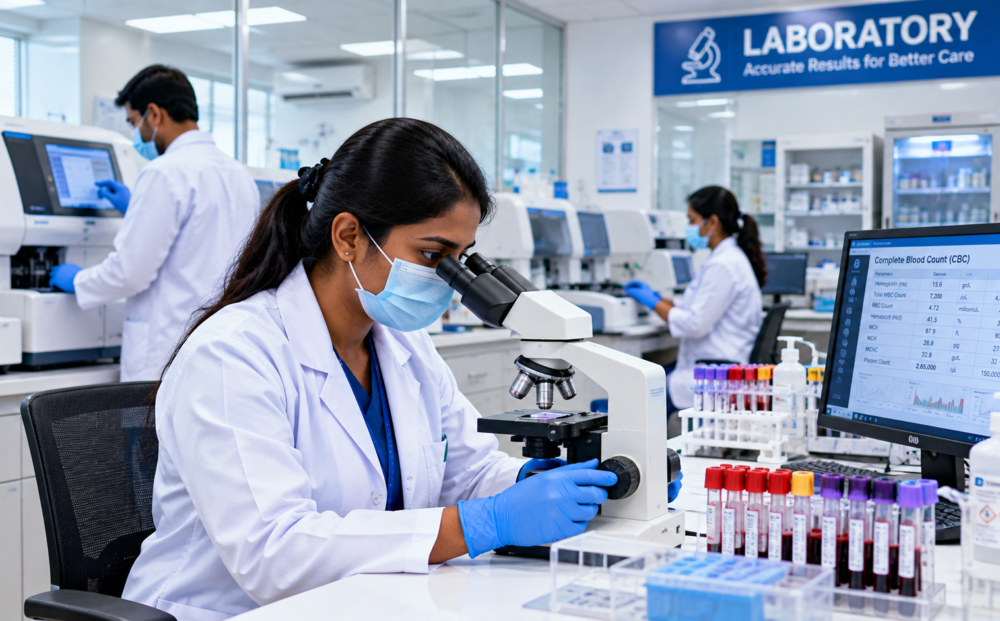 Laboratory in Vijayapura: Laboratory technicians using a microscope and loading sample tubes into an automated analyser