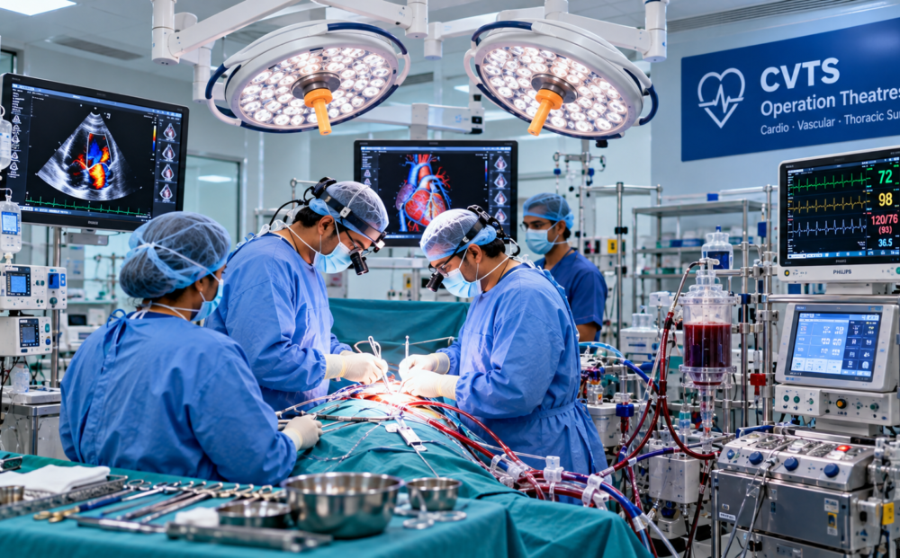 Cardiovascular and Thoracic Surgery (CVTS) : Cardiac surgical team in a CVTS operation theatre with heart monitoring and bypass equipment
