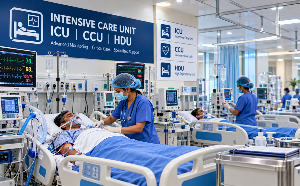 Intensive Care Unit (ICU): Nurse attending to an intensive care patient beside breathing support and bedside monitoring equipment